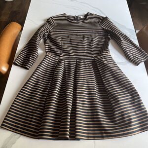 Gap Dress Womens Size 10 Fit Flare Brown Black Striped 3/4 Sleeve Zip Pockets